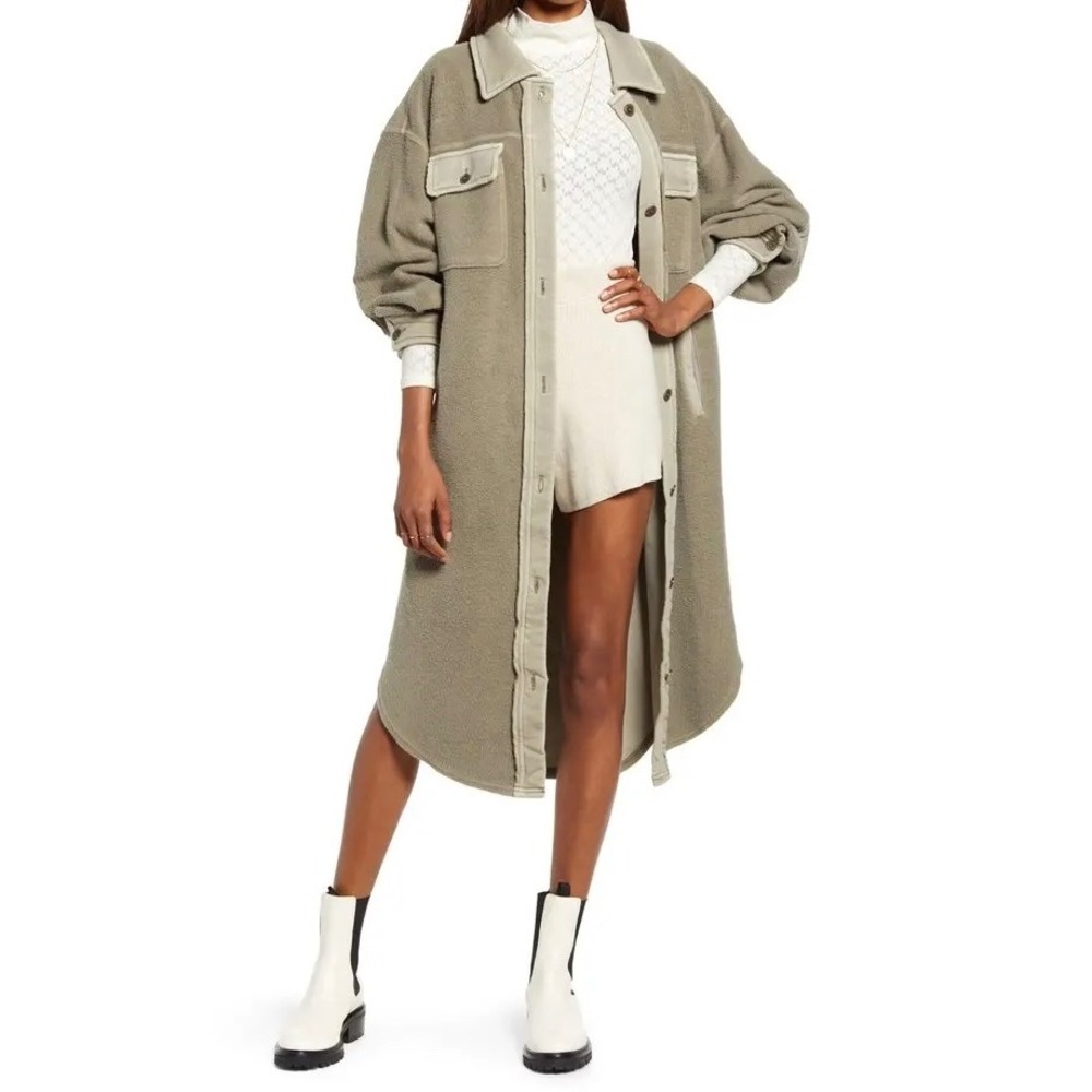 Free People We The Free Ruby Long Jacket Sage Green Fleece Shacket XS